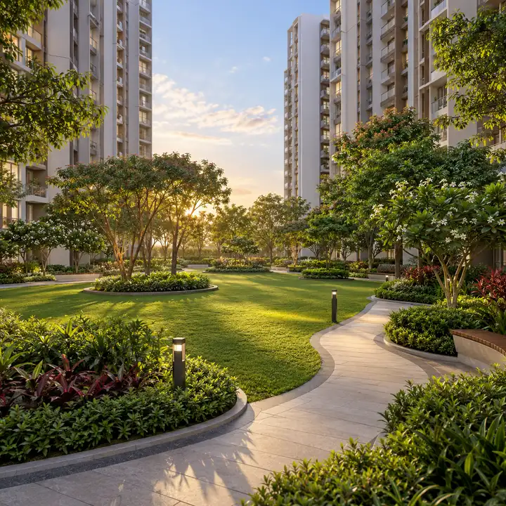 Concorde Electronic City garden court with lawns, trees and curved paths between the towers, artist's impression Concorde Electronic City garden court with lawns, trees and curved paths between the towers, artist's impression