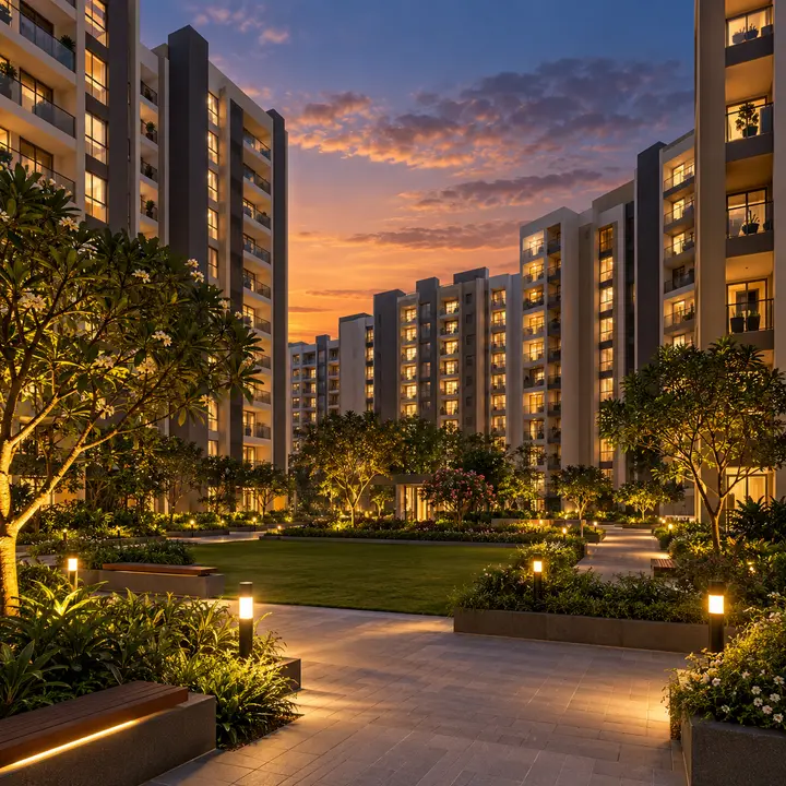 Concorde Electronic City apartment community lit at dusk from the central court, artist's impression Concorde Electronic City apartment community lit at dusk from the central court, artist's impression