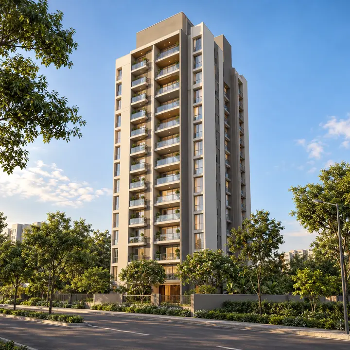 Concorde Electronic City apartment tower with balconies seen from the street, artist's impression Concorde Electronic City apartment tower with balconies seen from the street, artist's impression